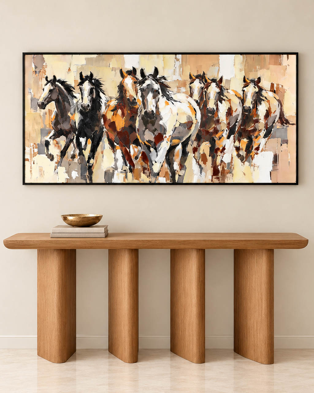 Together They Run - The Seven Running Horse Handmade painting for Home & Wall Decoration Item (With Outer Floater Frame) (27.5x55 Inches)