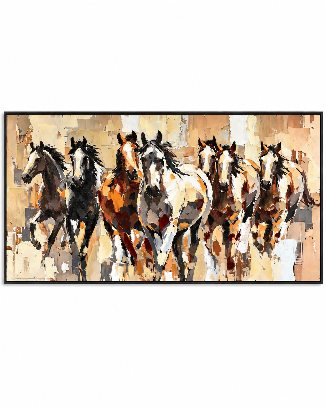 Together They Run - The Seven Running Horse Handmade painting for Home & Wall Decoration Item (With Outer Floater Frame) (27.5x55 Inches)