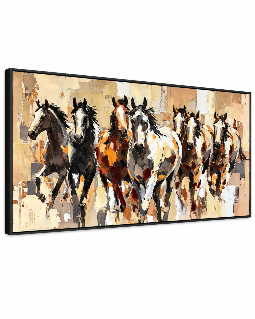 Together They Run - The Seven Running Horse Handmade painting for Home & Wall Decoration Item (With Outer Floater Frame) (27.5x55 Inches)