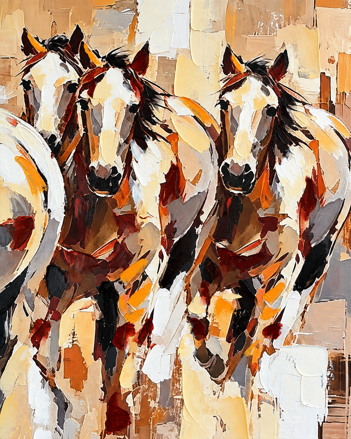 Together They Run - The Seven Running Horse Handmade painting for Home & Wall Decoration Item (With Outer Floater Frame) (27.5x55 Inches)