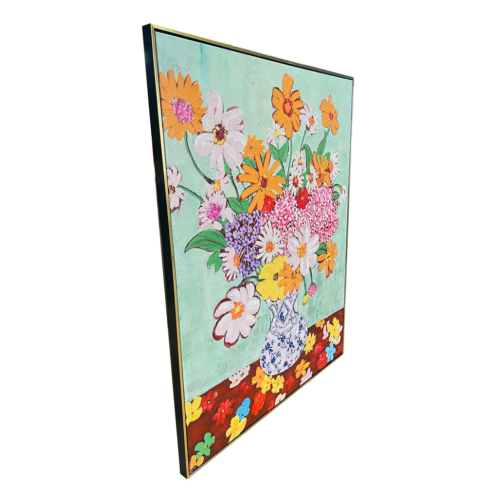 Charming Floral Haven 100% Hand Painted Wall Painting & Wall Decor Item (With outer Floater Frame)  (47x35.5 Inches)