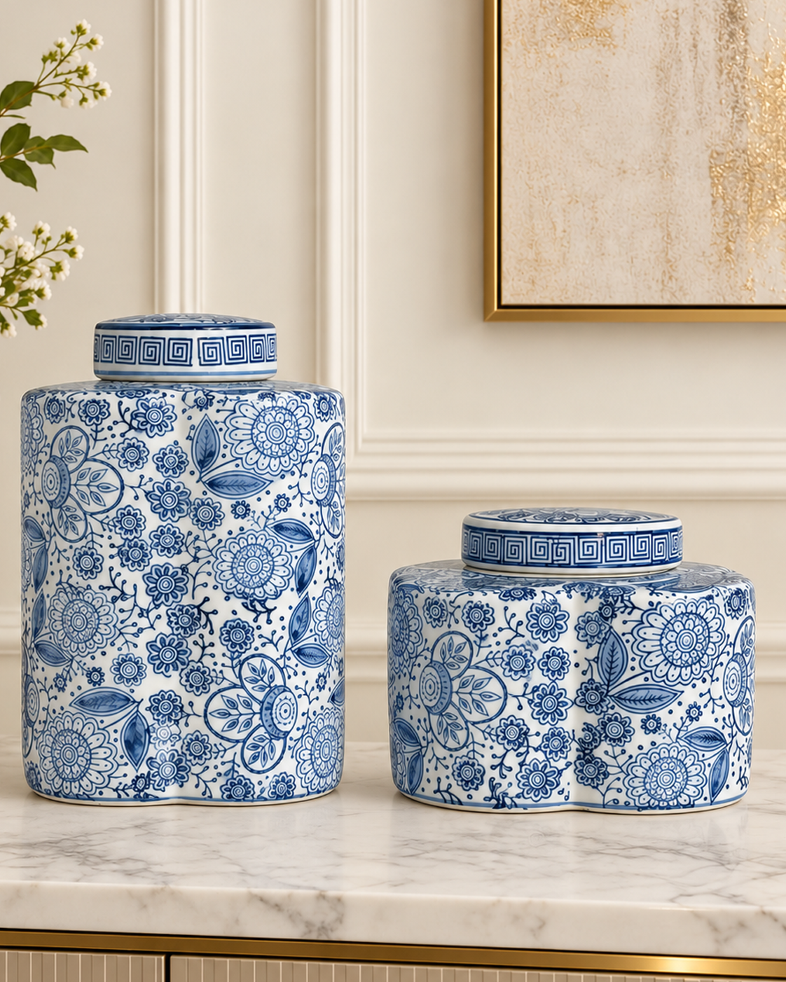Floral Dynasty Decorative Vase For Home & Item for Home Decoration - Set of 2 (Blue Pottery)