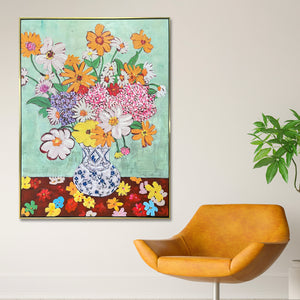Charming Floral Haven 100% Hand Painted Wall Painting & Wall Decor Item (With outer Floater Frame)  (47x35.5 Inches)