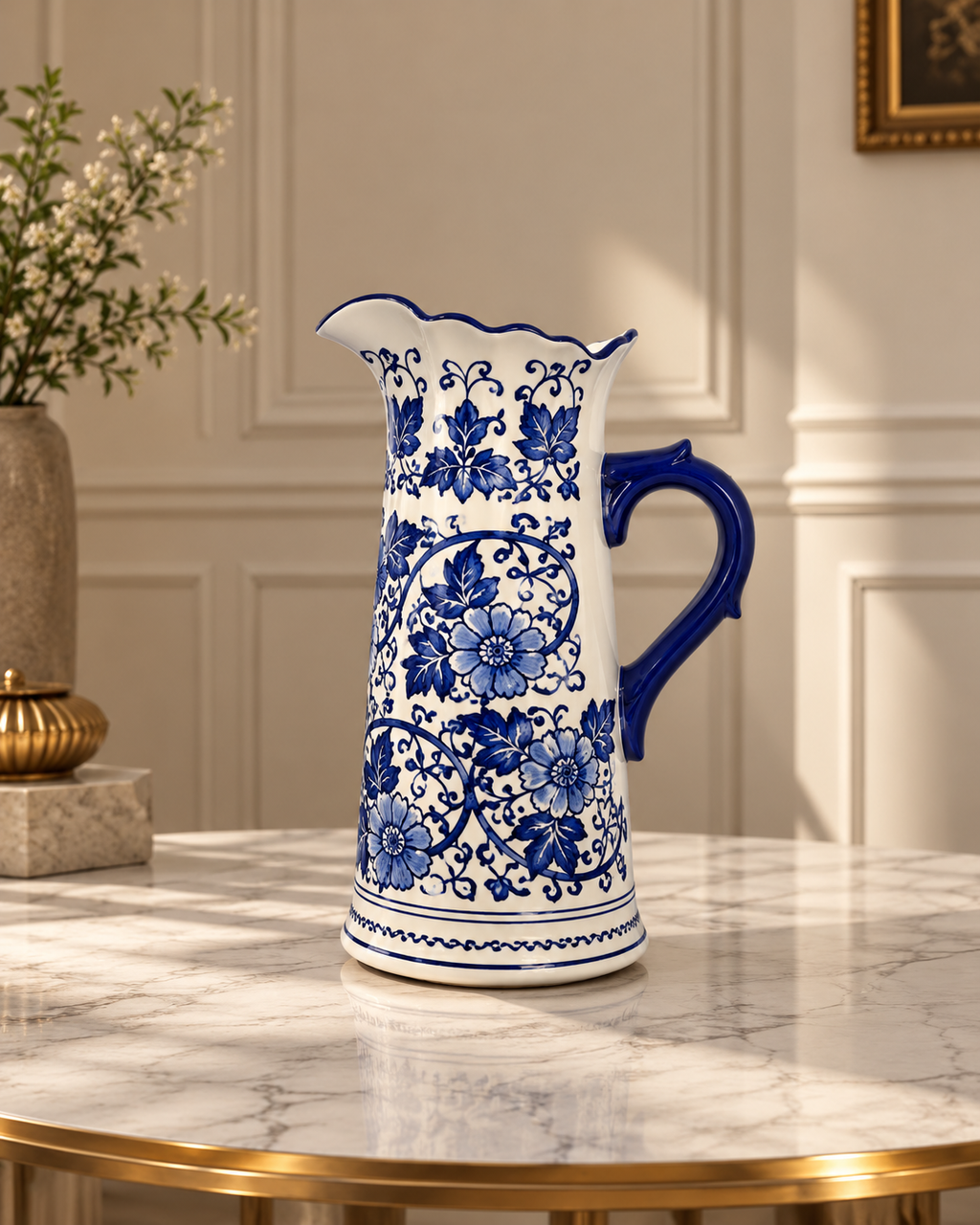 Flower Garden Pitcher Decorative Vase & Showpiece for Home & Item for Home Decoration (Blue Pottery)