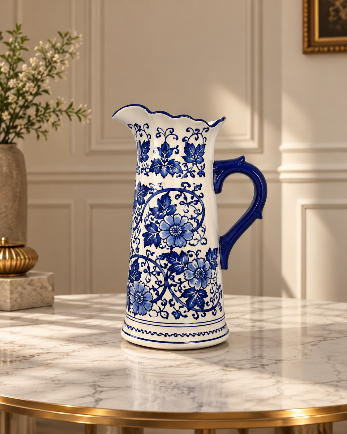 Flower Garden Pitcher Decorative Vase & Showpiece for Home & Item for Home Decoration (Blue Pottery)