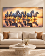 Seven White Running Horses at Sunrise Crystal Glass Painting