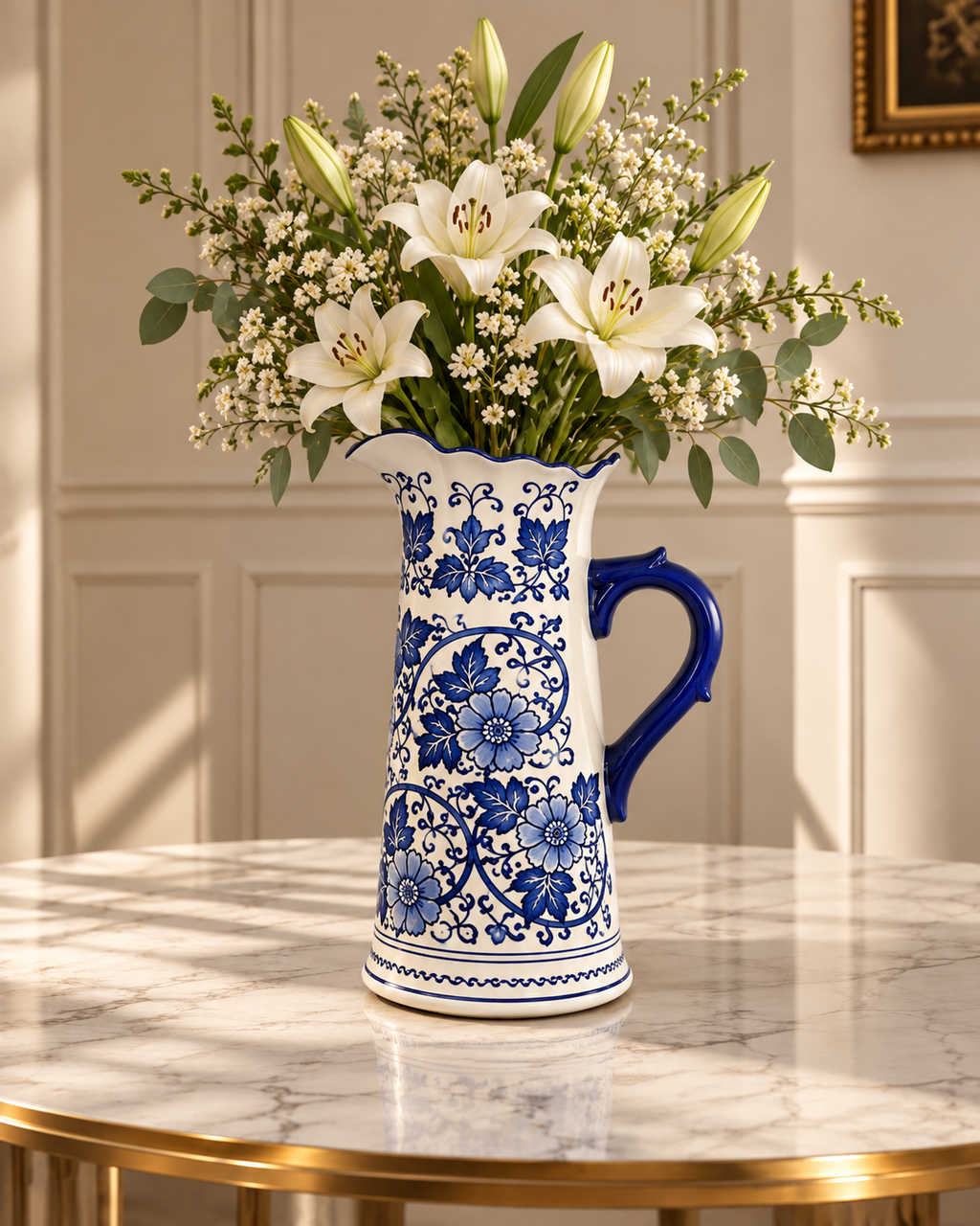 Flower Garden Pitcher Decorative Vase & Showpiece for Home & Item for Home Decoration (Blue Pottery)