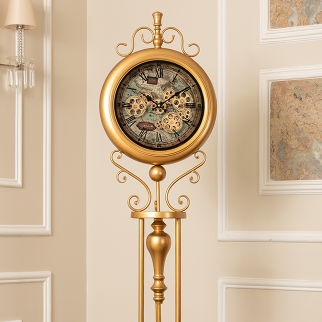 Victorian Timeless Tradition Luxury Designer Silent Movement Standing Clock With Moving Gear Mechanism (Steel Body)