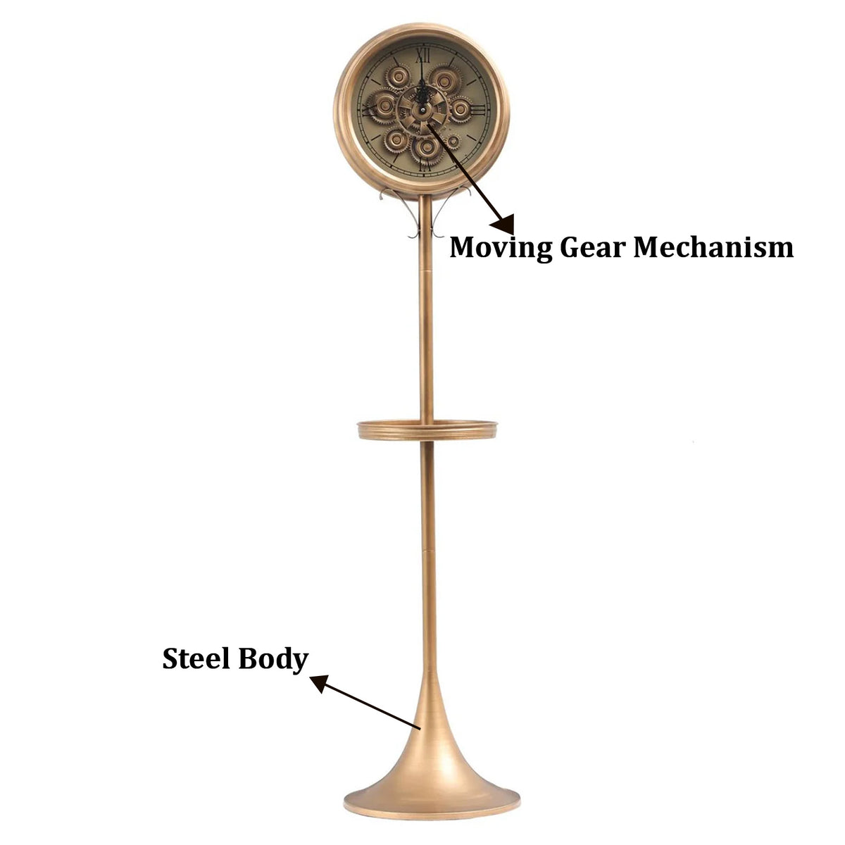Golden Epoch Luxury Designer Standing Clock With Moving Gear Mechanism (Steel Body)