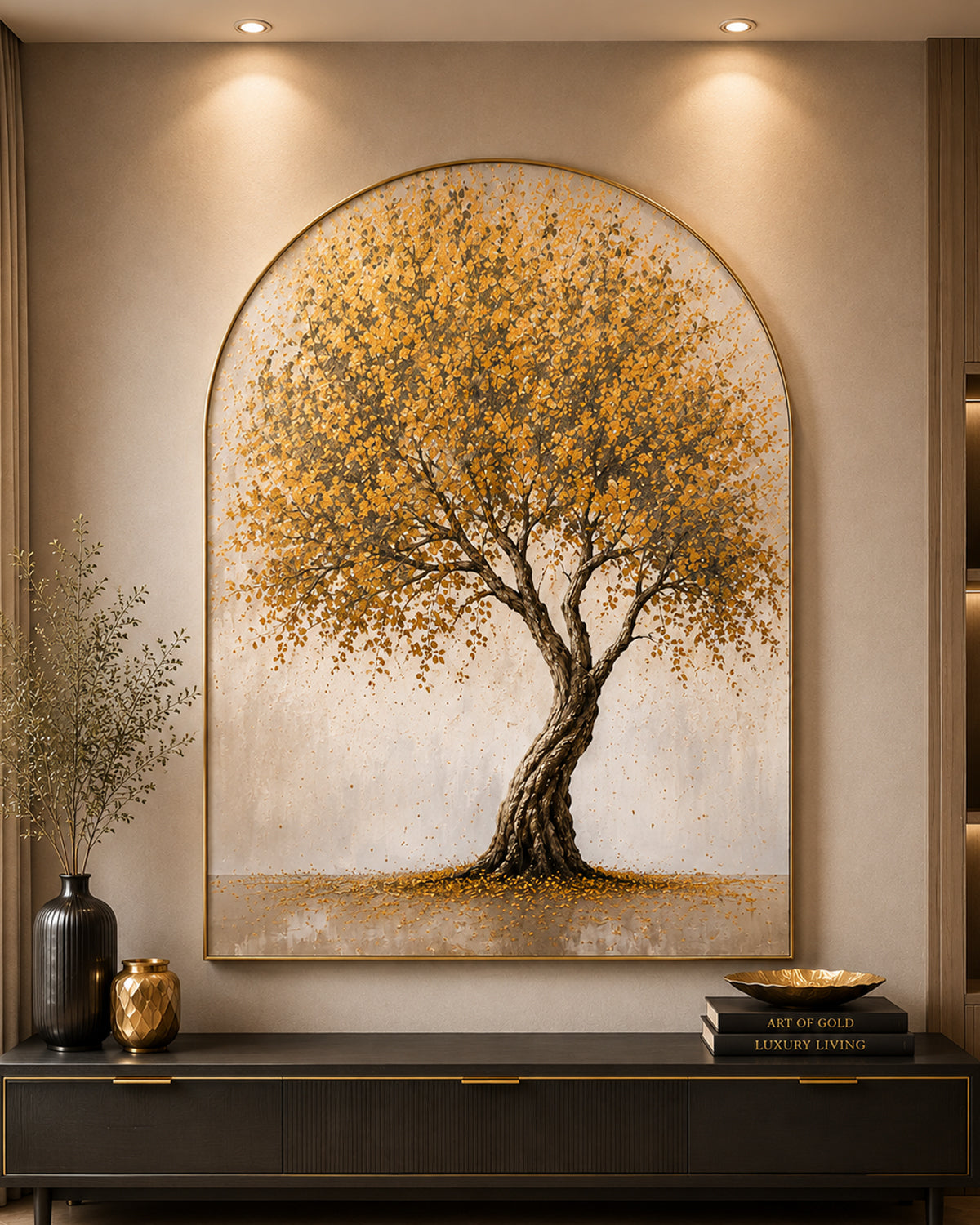 Golden Autumn & The Kalpavriksha Tree Embossed Wall Painting for Home & Item for Wall Decoration ( 35.5 x 23.5 Inches )