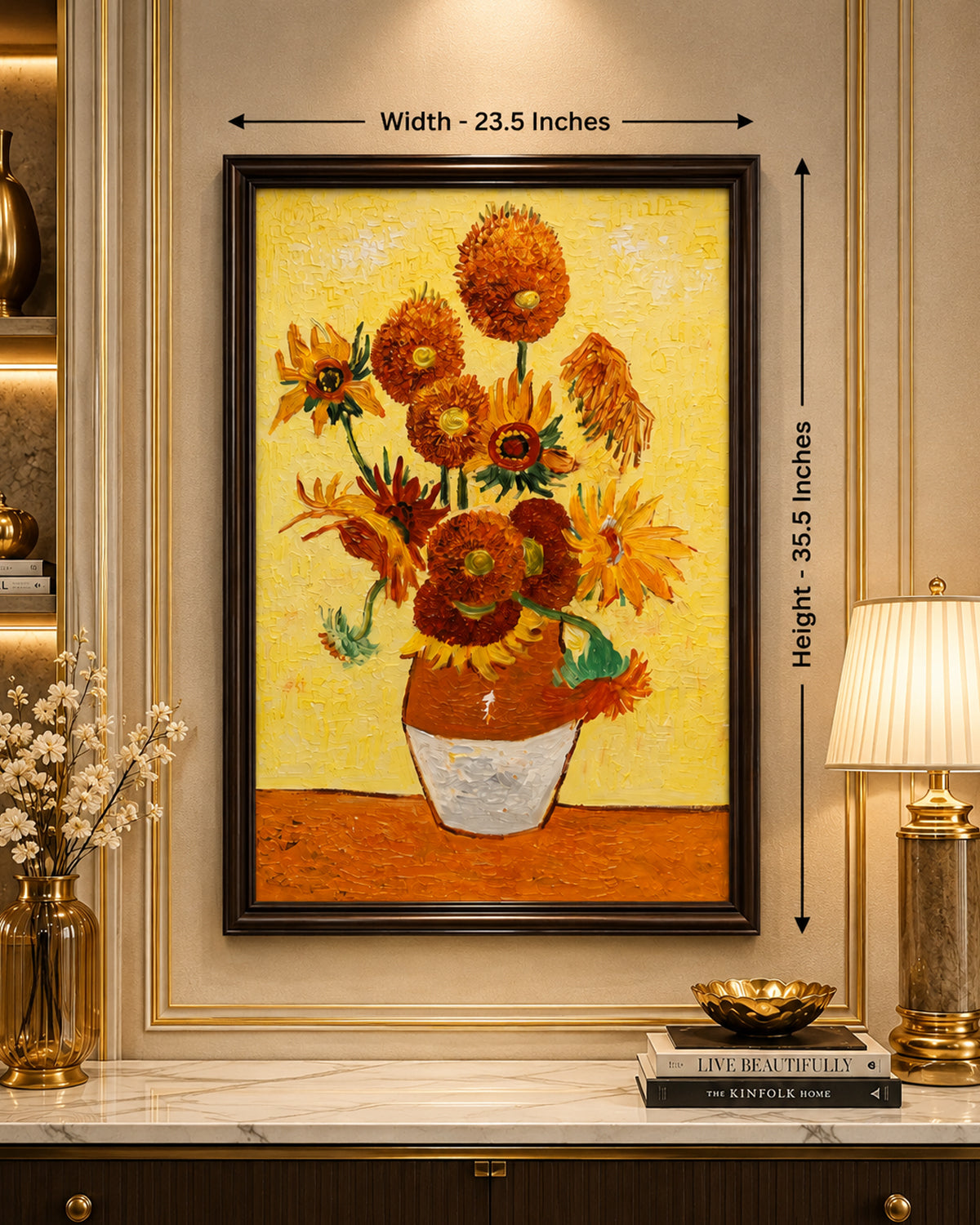 Golden Sunflowers 100% Hand Painted Wall Painting (With Outer Floater Frame frame) ( 35.5 x 23.5 Inches )