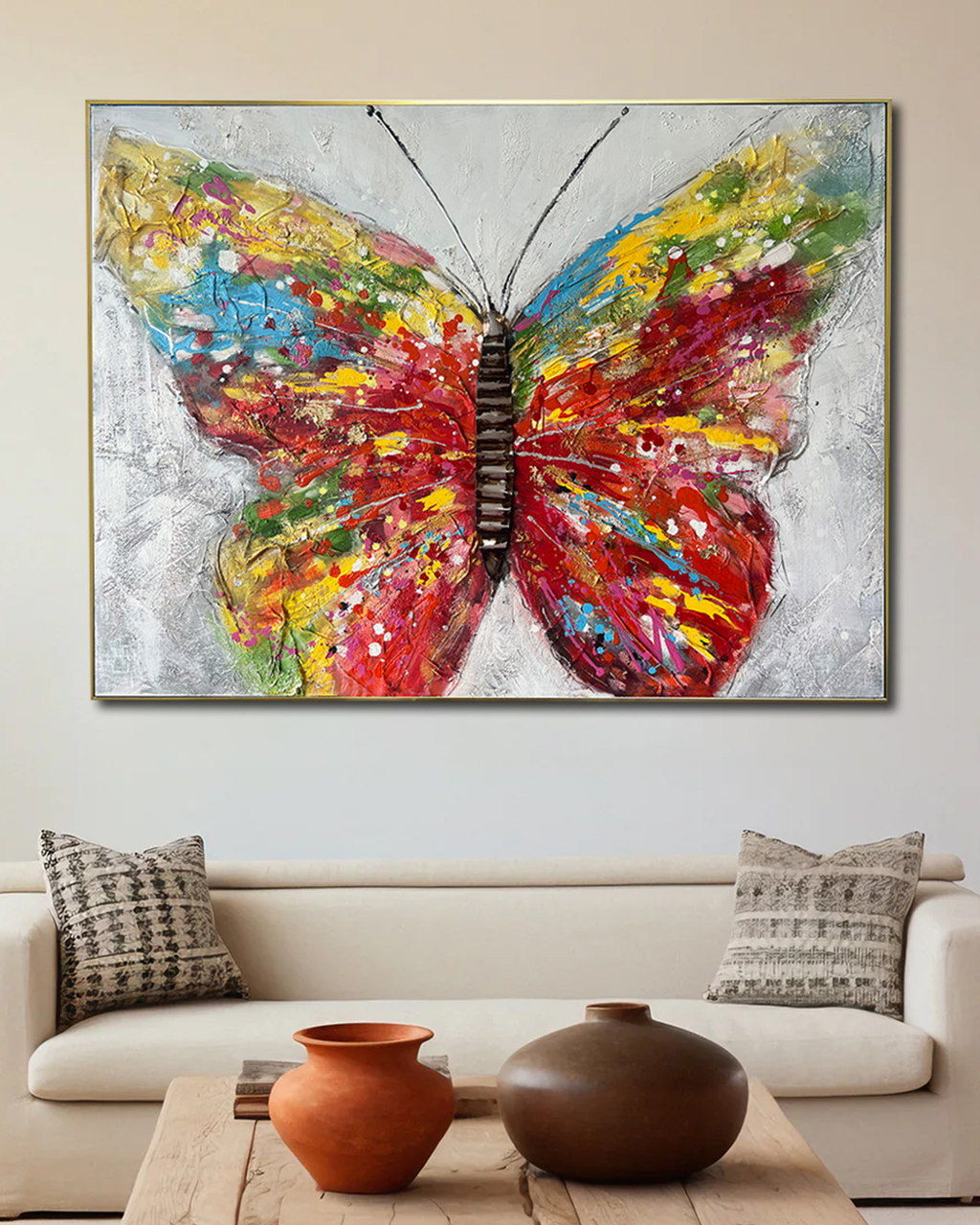 Colorful Butterfly 100% Hand Wall Painting For Home (outer Floater Frame ) (48 x 36 Inches)