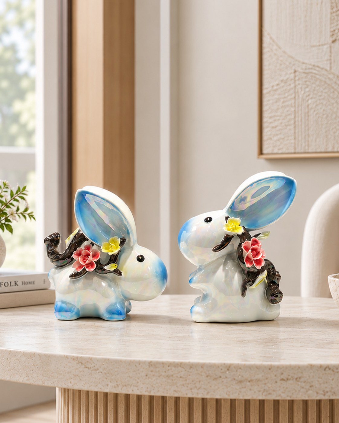 Blossom Bunny Home Decoration Showpiece - Blue