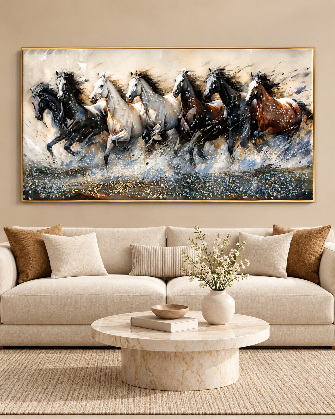 Seven Running Horses Wild Crystal Glass Painting