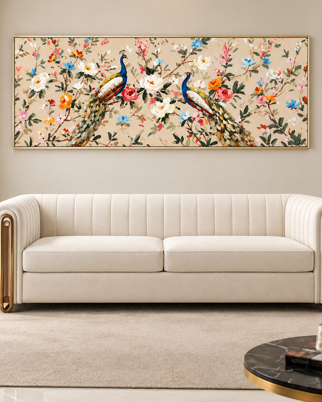 Peacock Paradise Hand painting for Home & Wall Decoration Item (With Outer Floater Frame) (59x19.5 Inches)