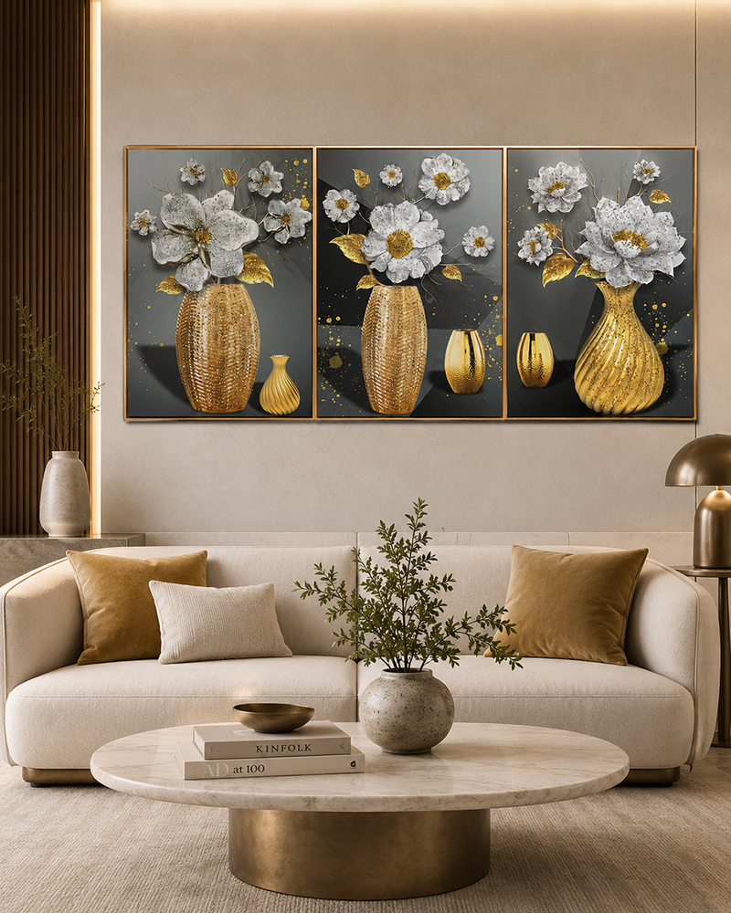 Divine Floral Dimensions Crystal Decorative Colorful Wall Painting for Home Wall - Set of 3