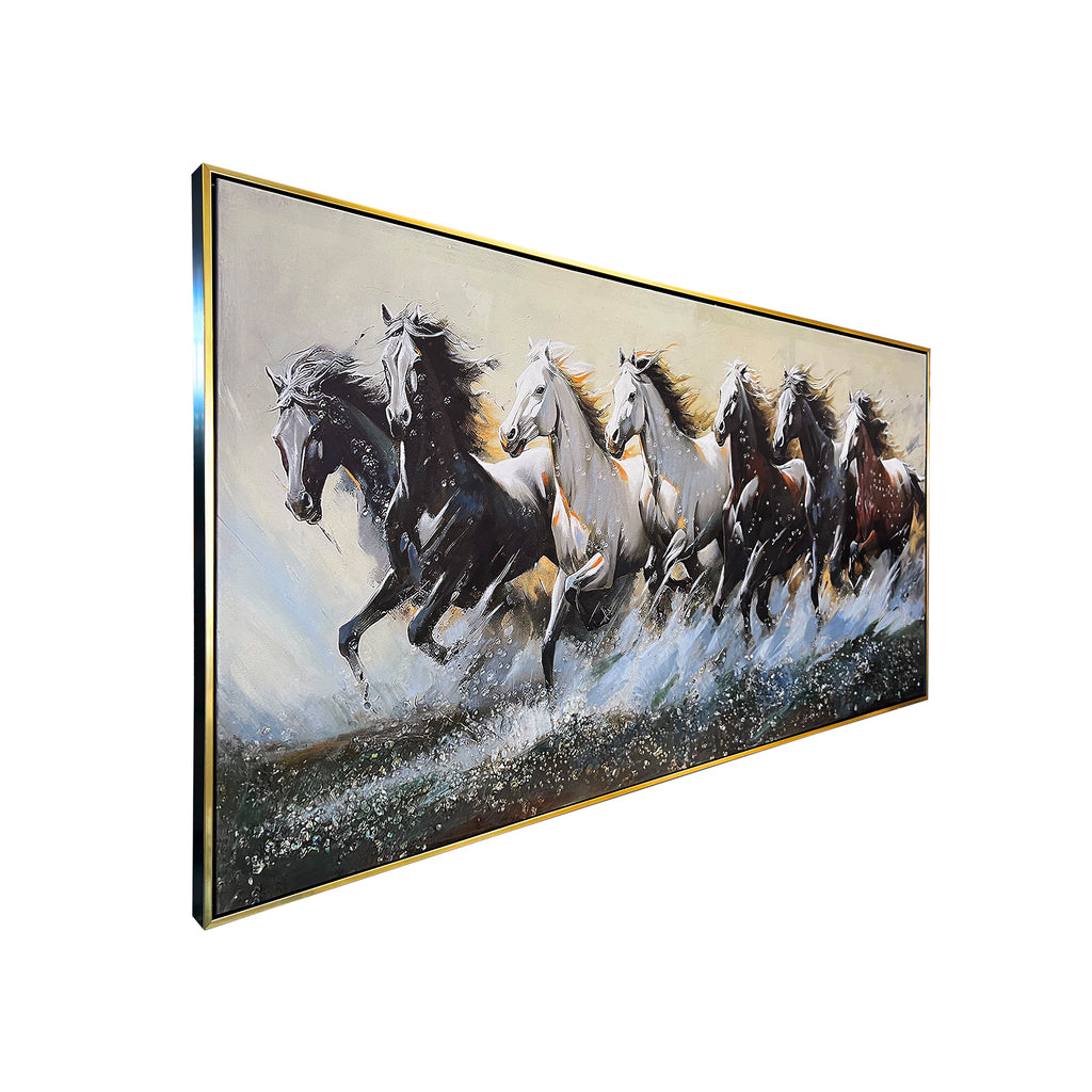 Seven Horses Run Wild 100% Hand Painted Wall Painting(With outer Floater Frame) - Medium (55 x 28 Inches)