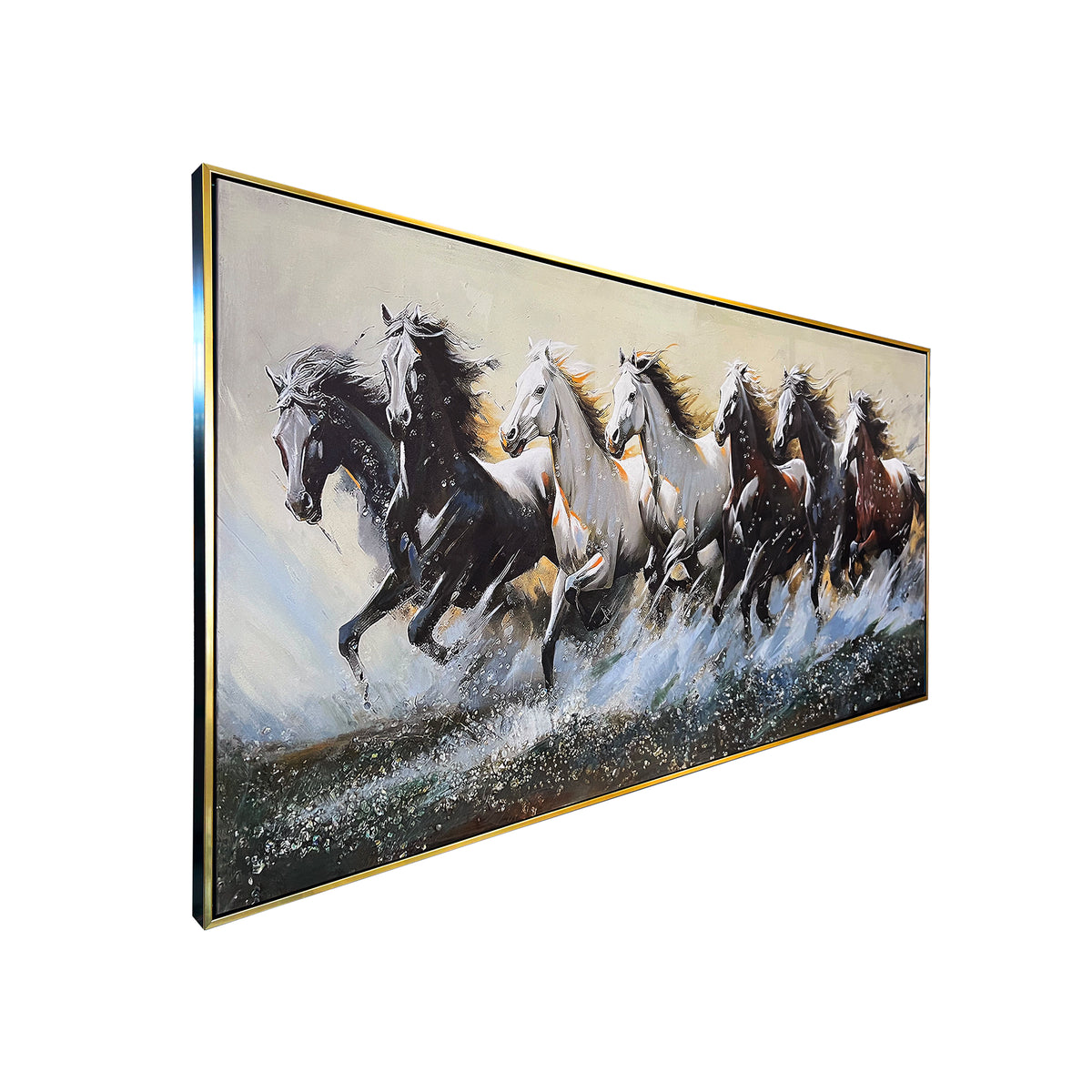 Seven Horses Run Wild 100% Hand Painted Wall Painting(With outer Floater Frame) - Medium (55 x 28 Inches)