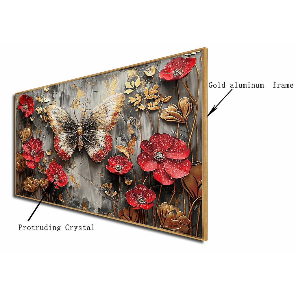 Red Bloom Butterfly Crystal Glass Framed Wall Paintings For Home & Wall Decoration items