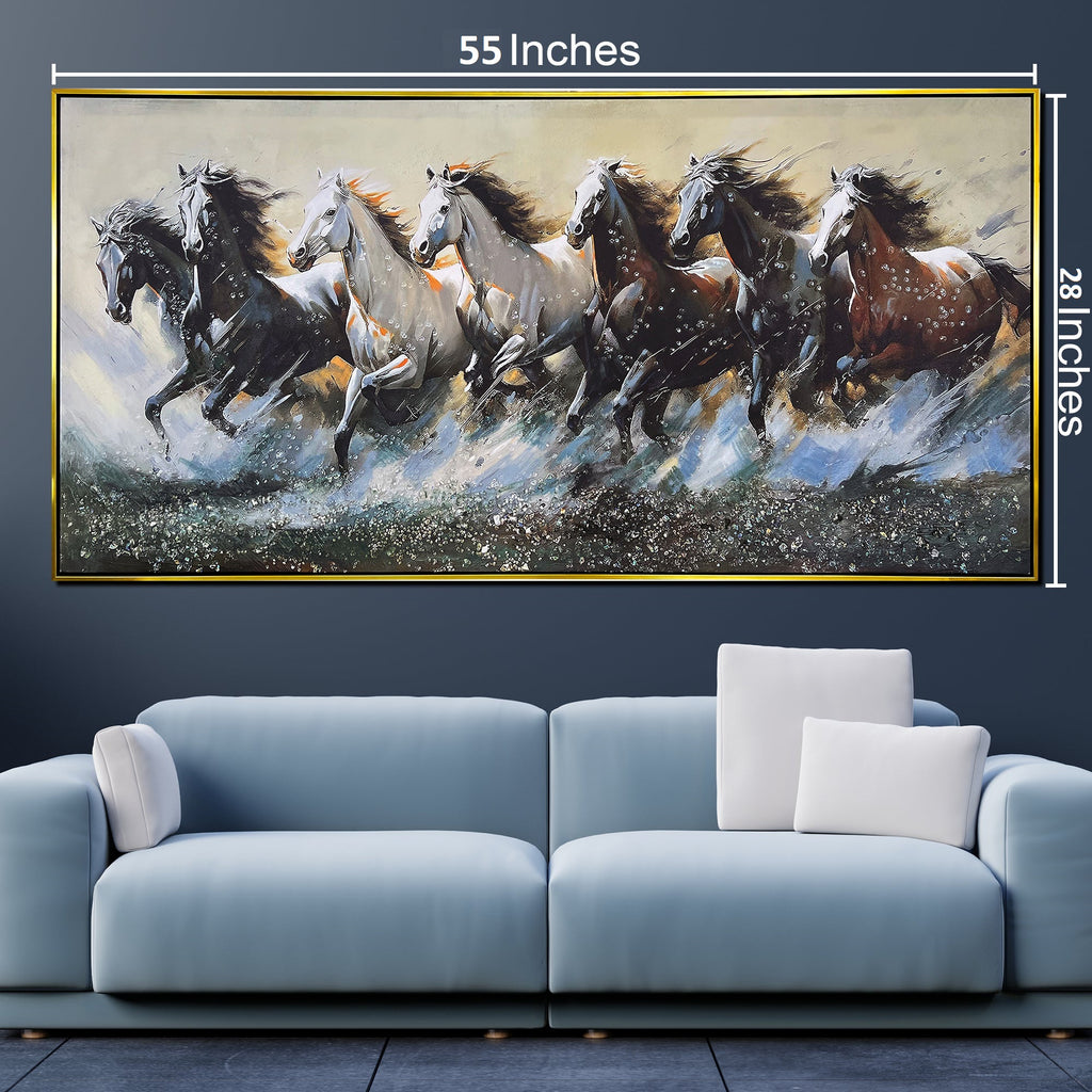Seven Horses Run Wild 100% Hand Painted Wall Painting(With outer Floater Frame) - Medium (55 x 28 Inches)