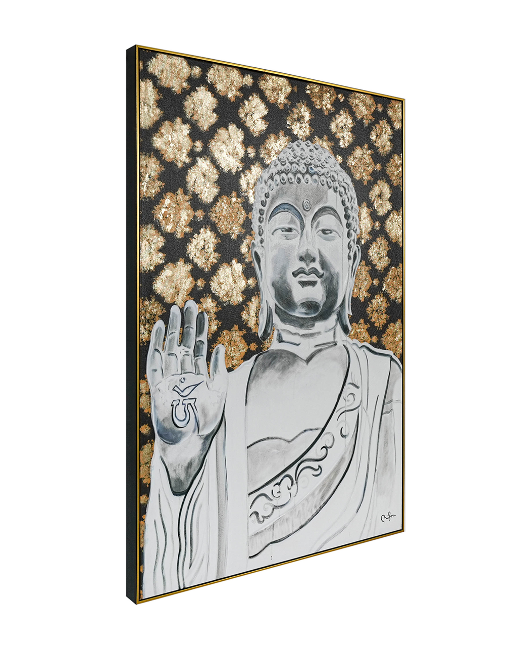 Buddha’s Blessing by PERRY MILOU 100% Hand Wall Painting For Home (With Outer Floater Frame frame) ( 31.5 x 45.5 Inches )