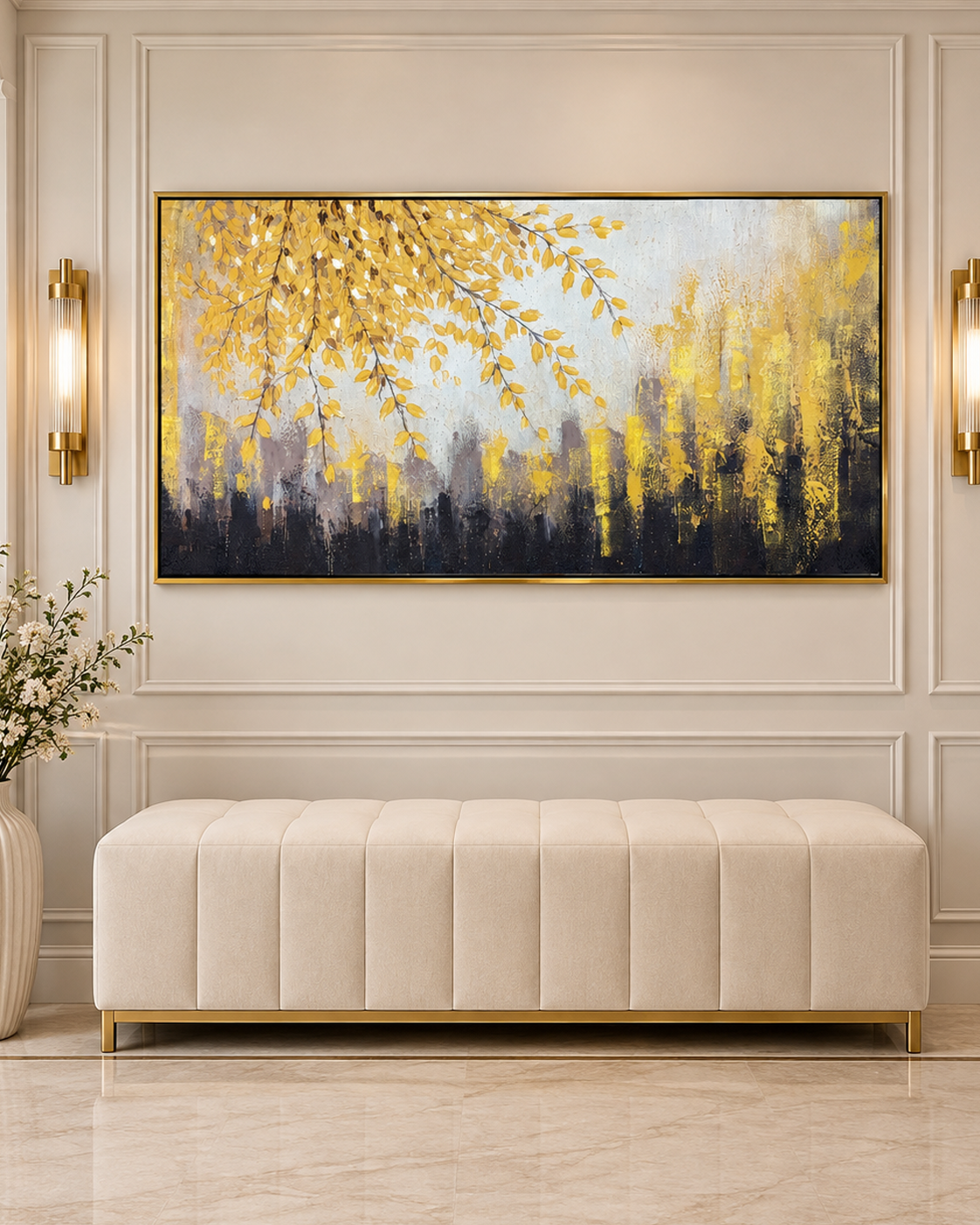 Autumn Whispers 100% Hand Painted Wall Painting (With Golden Outer Floater Frame frame) (27.5x55 Inches)