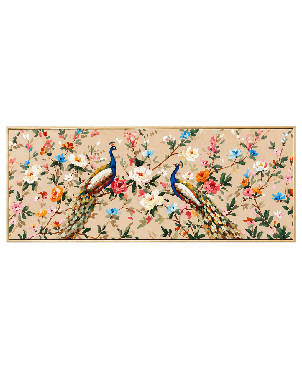 Peacock Paradise Hand painting for Home & Wall Decoration Item (With Outer Floater Frame) (59x19.5 Inches)