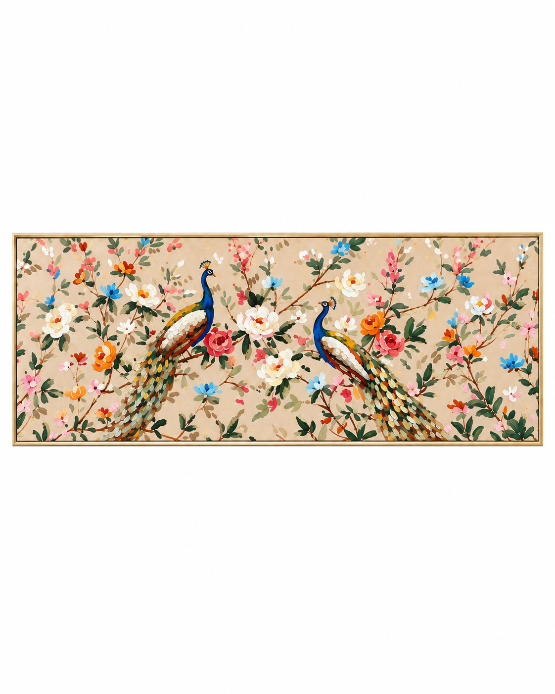 Peacock Paradise Hand painting for Home & Wall Decoration Item (With Outer Floater Frame) (59x19.5 Inches)