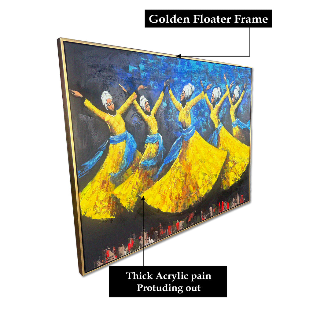 Golden Dance of Unity Hand painted Wall Art (With Outer Floater Frame)  (36 x 47 Inches)