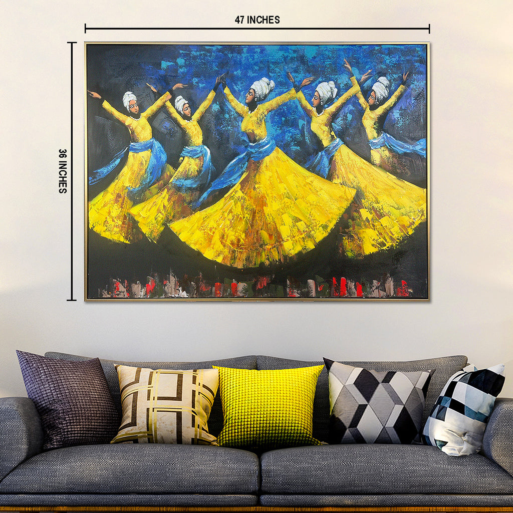 Golden Dance of Unity Hand painted Wall Art (With Outer Floater Frame)  (36 x 47 Inches)