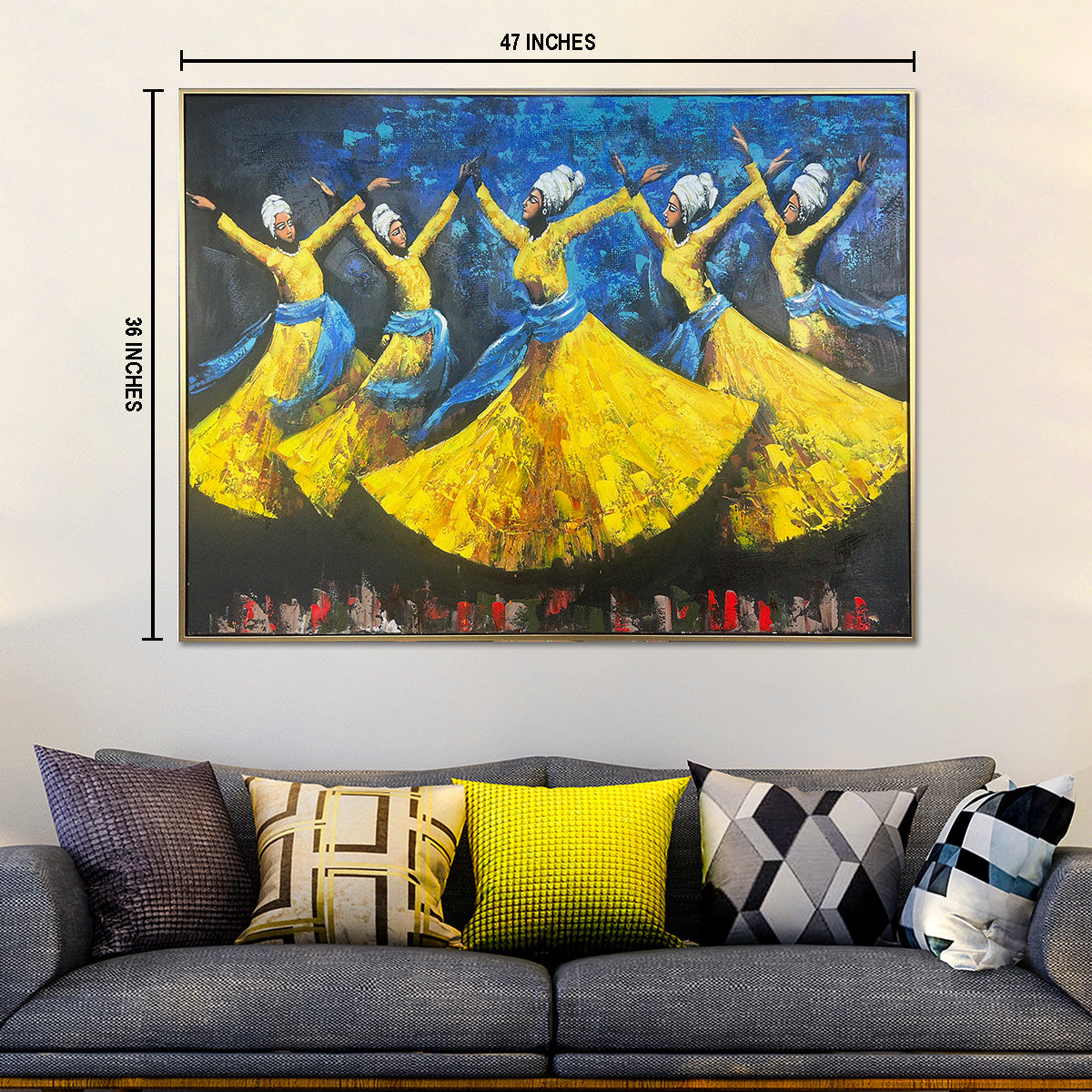 Golden Dance of Unity Hand painted Wall Art (With Outer Floater Frame)  (36 x 47 Inches)