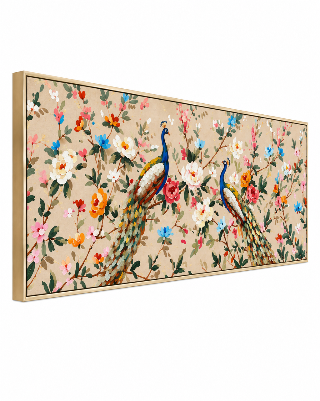 Peacock Paradise Hand painting for Home & Wall Decoration Item (With Outer Floater Frame) (59x19.5 Inches)