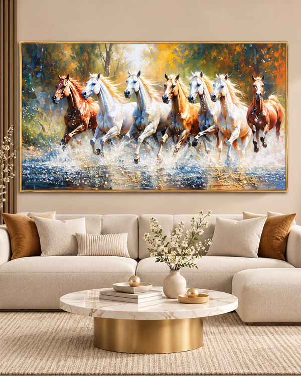 Seven Running Horses Whisper in the Wind Crystal Glass Painting for Wall Art
