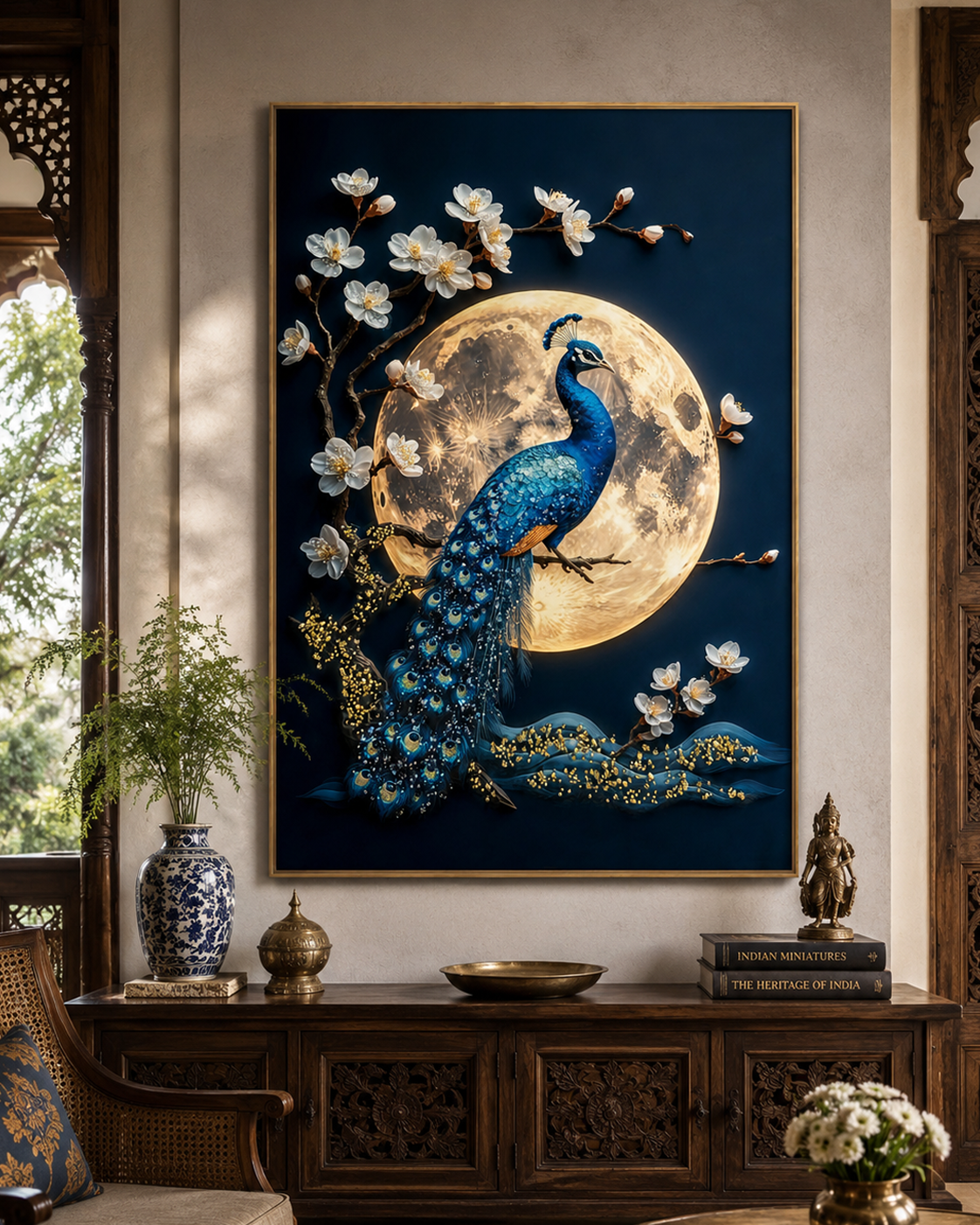 Peacock in the Lunar Garden  Crystal Glass Painting for Wall Art