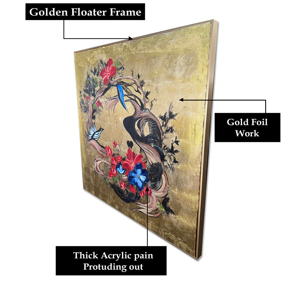Floral Flight Sanctuary Hand Painted Decorative Wall Painting Bedroom (With Outer Floater Frame) (40 x 40 Inches)