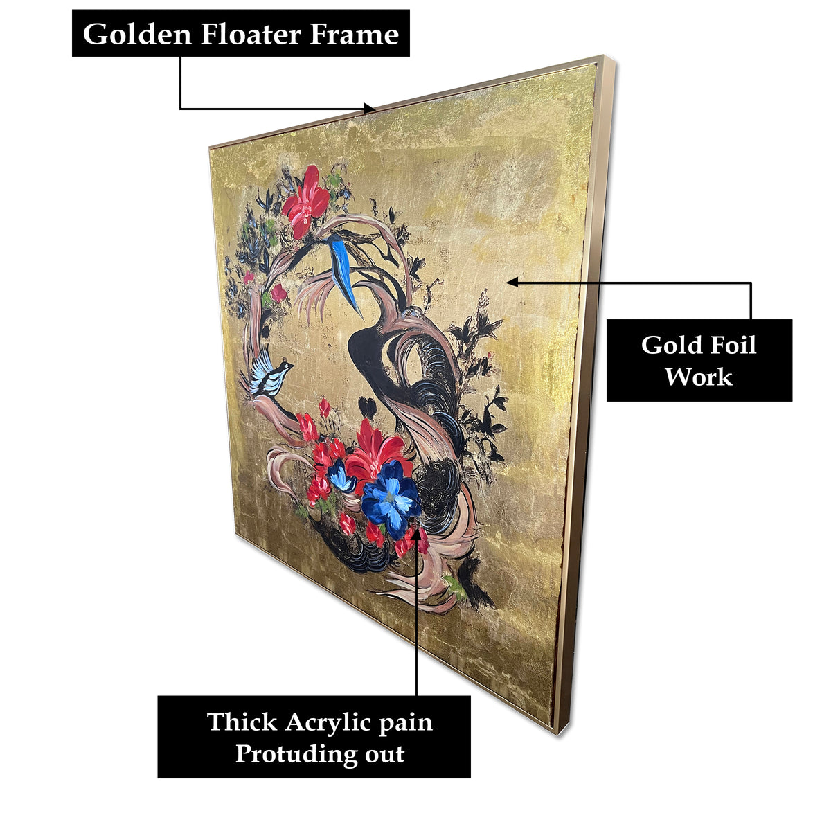 Floral Flight Sanctuary Hand Painted Decorative Wall Painting Bedroom (With Outer Floater Frame) (40 x 40 Inches)