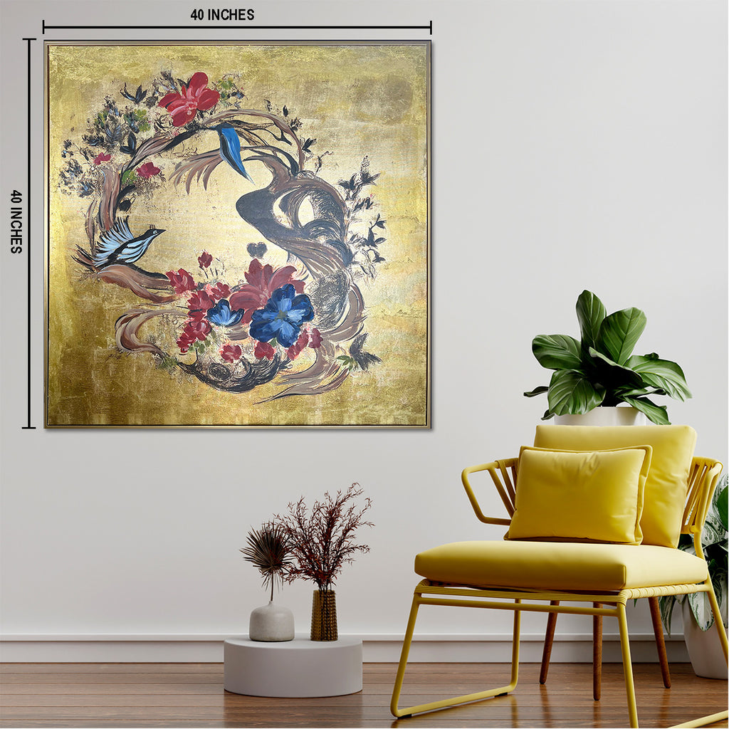 Floral Flight Sanctuary Hand Painted Decorative Wall Painting Bedroom (With Outer Floater Frame) (40 x 40 Inches)