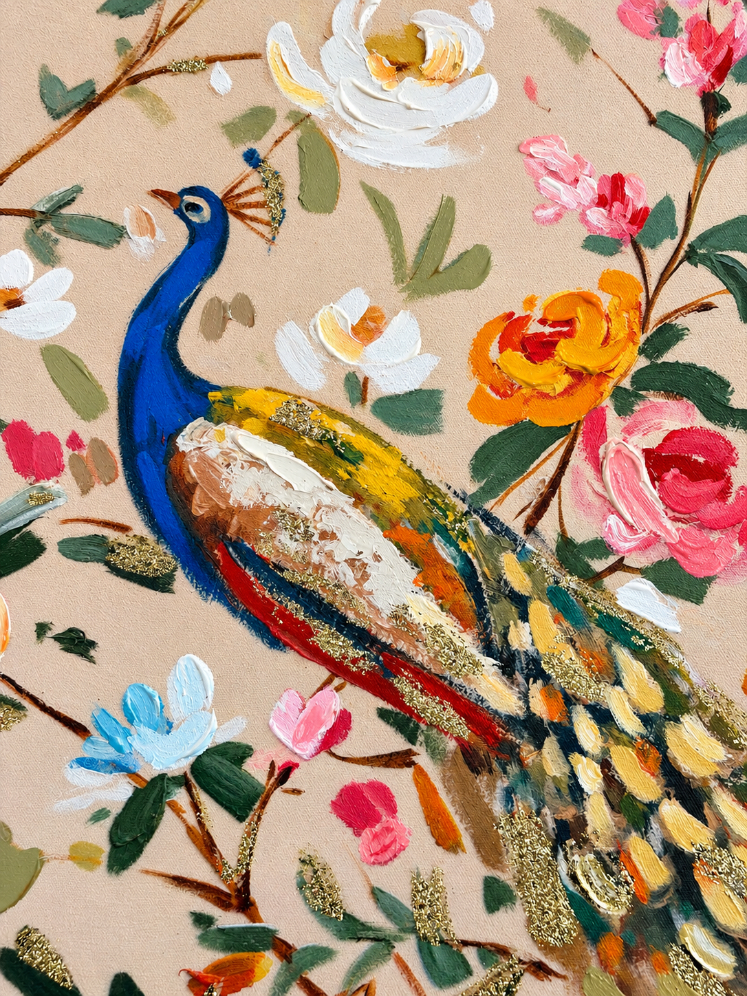 Peacock Paradise Hand painting for Home & Wall Decoration Item (With Outer Floater Frame) (59x19.5 Inches)