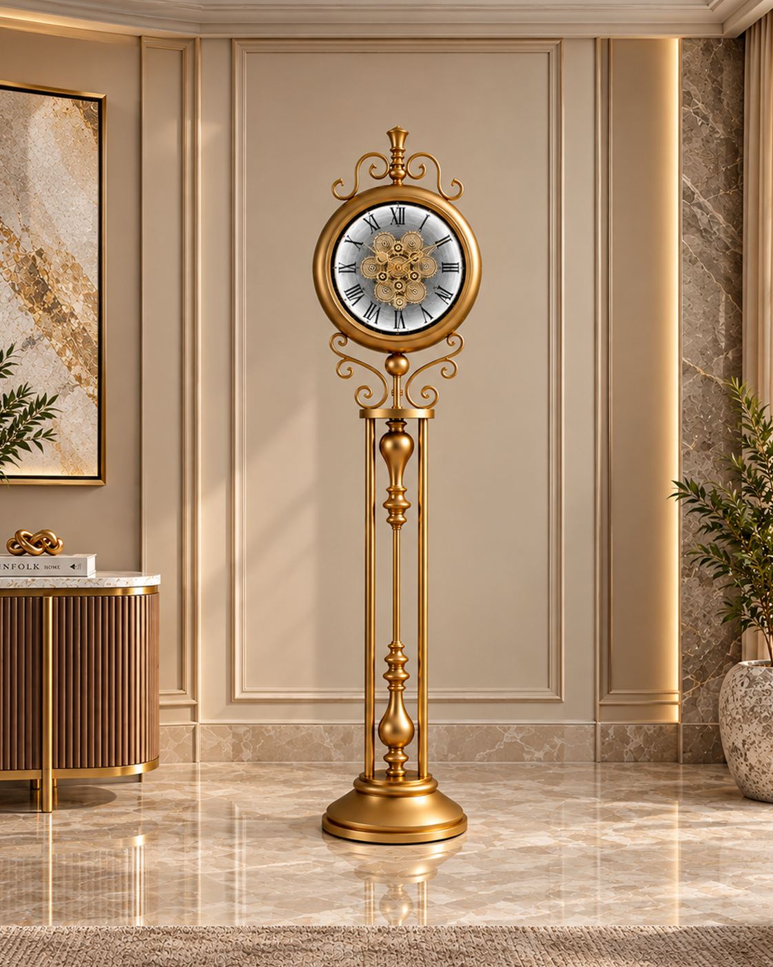 Classic Crown Luxury Designer Silent Movement Standing Clock With Moving Gear Mechanism (Steel Body) (With Light & Remote)