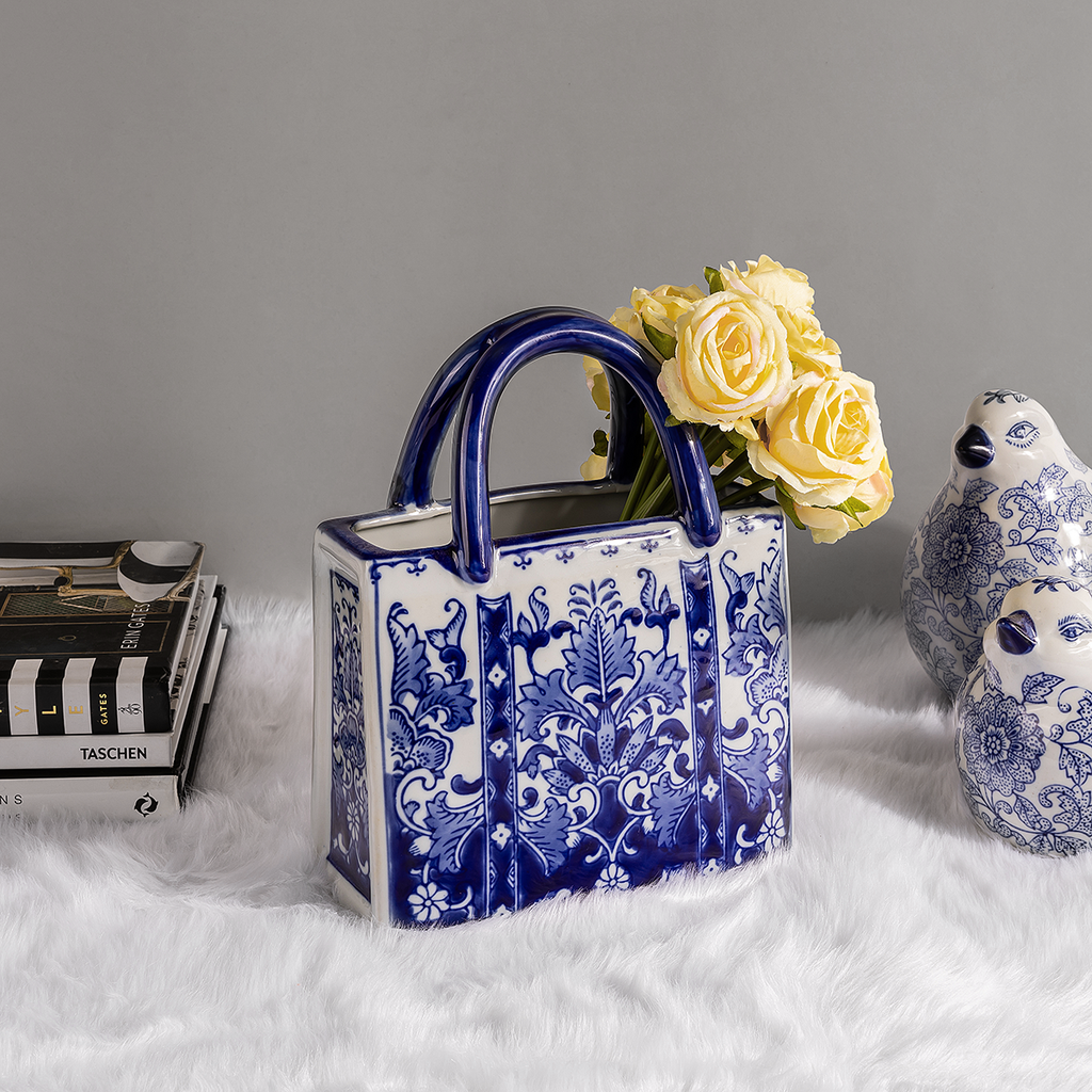 Botanical Tote Art Vase and Decorative Showpiece (Blue Pottery)