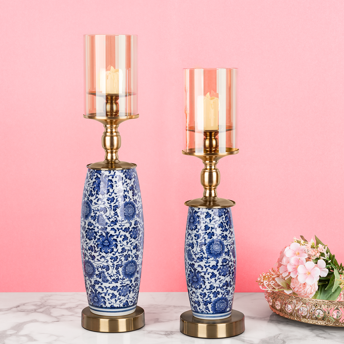Duchess Floral Decorative Candle Stand - Set of 2 (Blue Pottery)