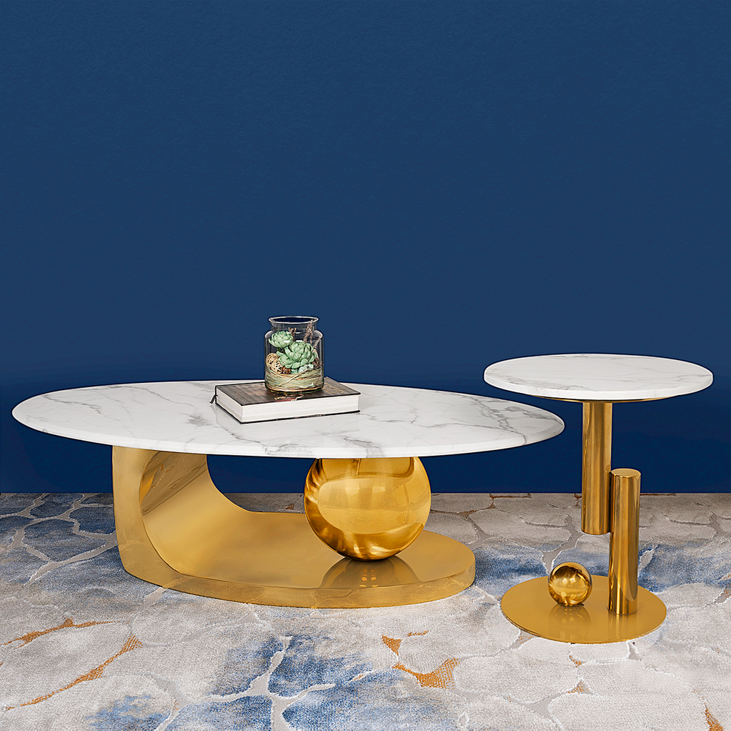 Amara Gold Base Round Accent Table With Side Table- Gold (Stainless Steel)