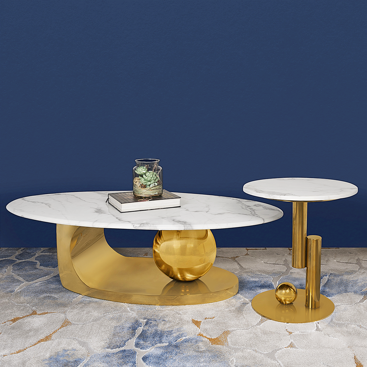 Amara Gold Base Round Accent Table With Side Table- Gold (Stainless Steel)