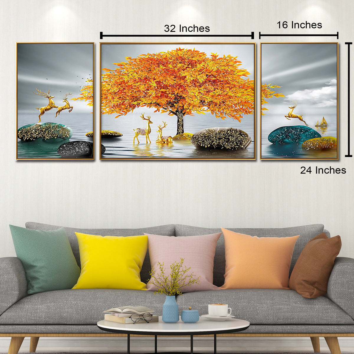 The Golden Glory Framed Crystal Glass Nature Painting - Set of 3 (B)