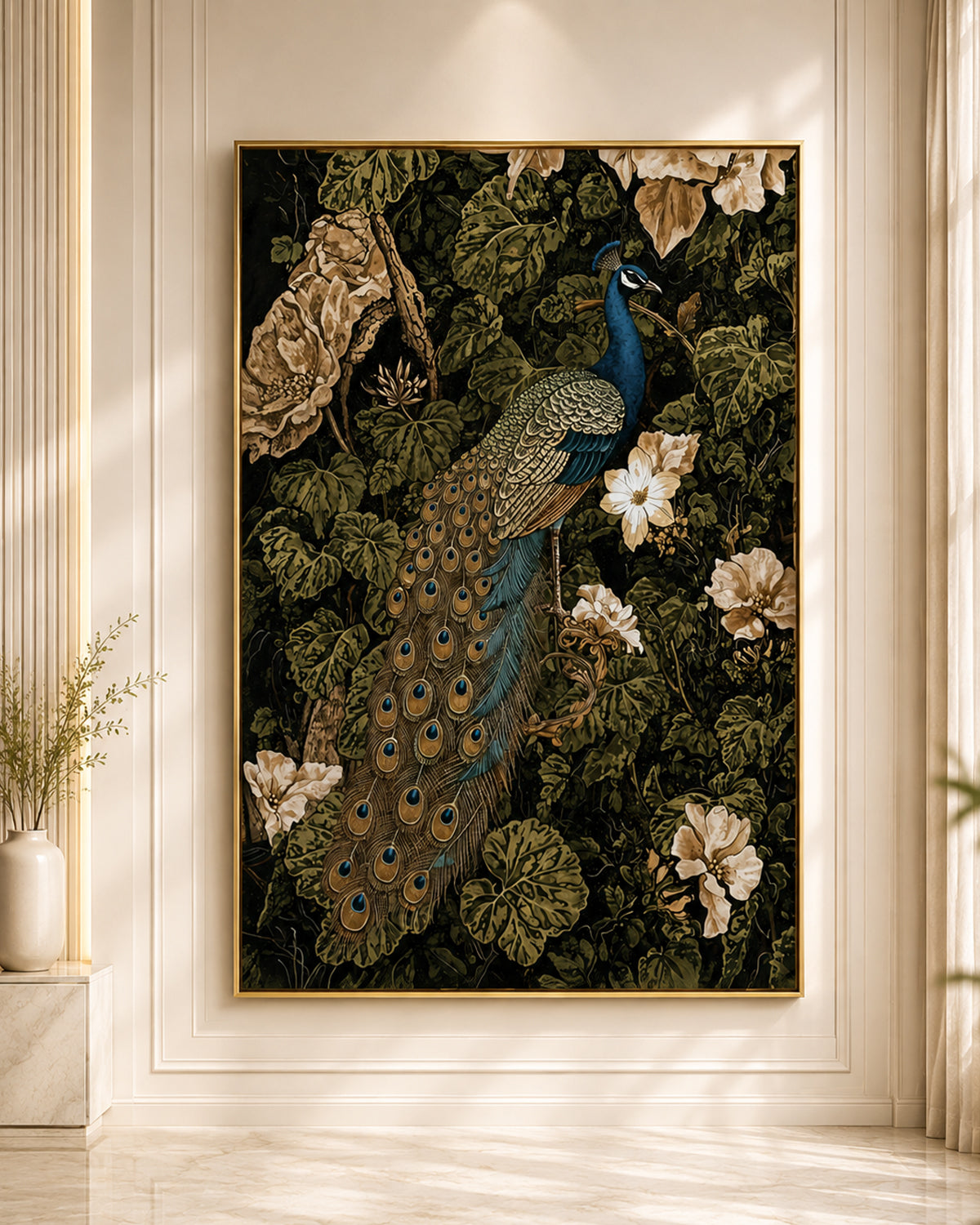 Peacock Among the Blooms Embossed Wall Painting for Home & Item for Wall Decoration ( 35.5 x 23.5 Inches )