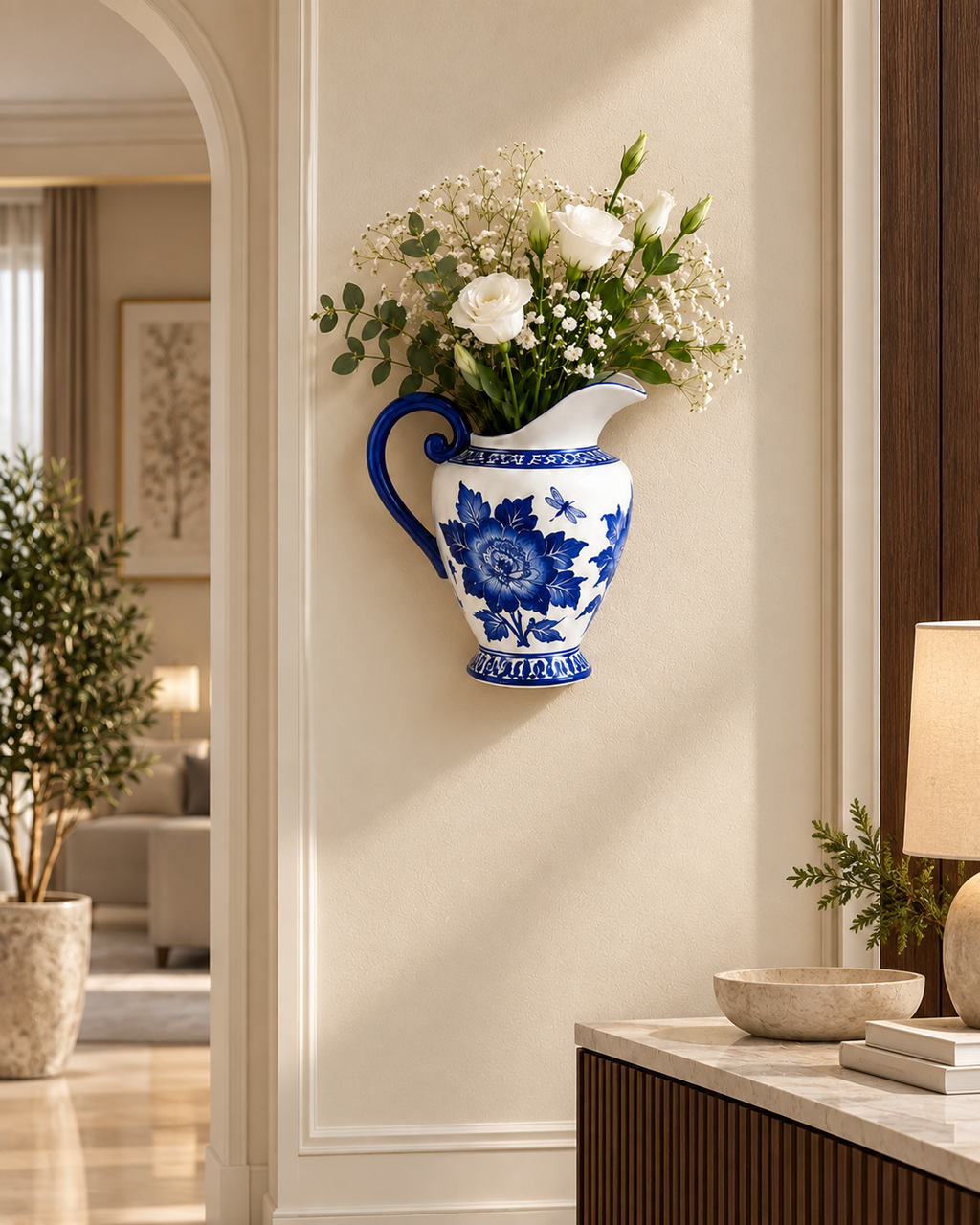 Azure Rose Decorative Wall Hanging Vase & Item for wall Decoration (Blue Pottery)