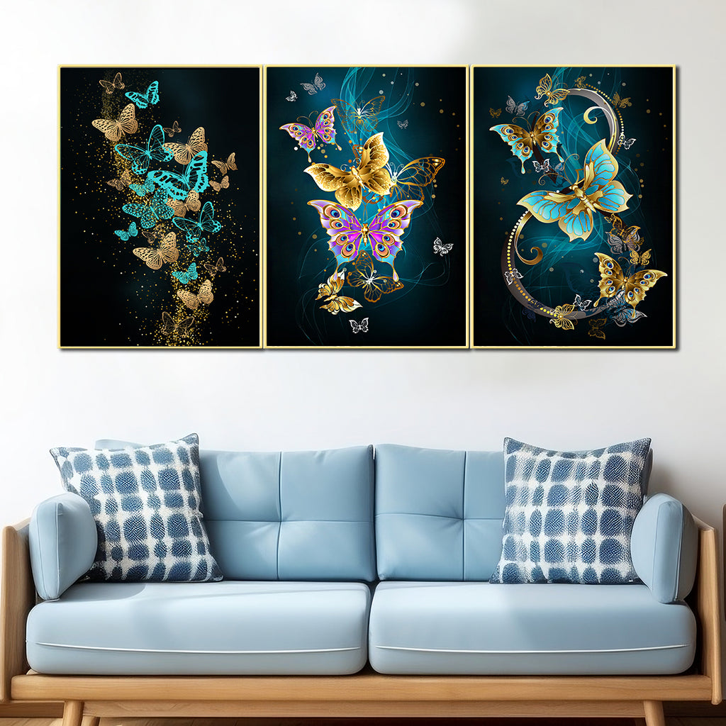 3 Panel Royal Butterflies Framed Canvas Print