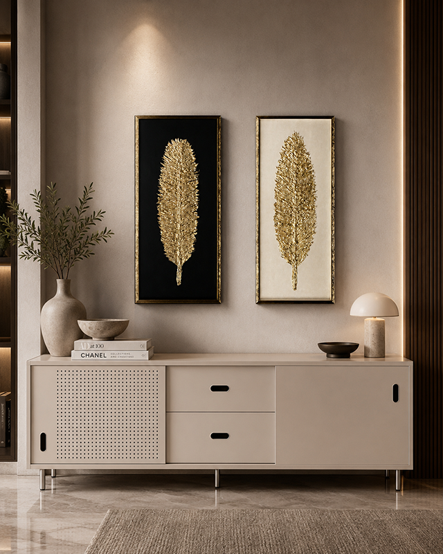 The Golden Glittered Feather Shadow Box Wall Decoration Piece - Set of 2