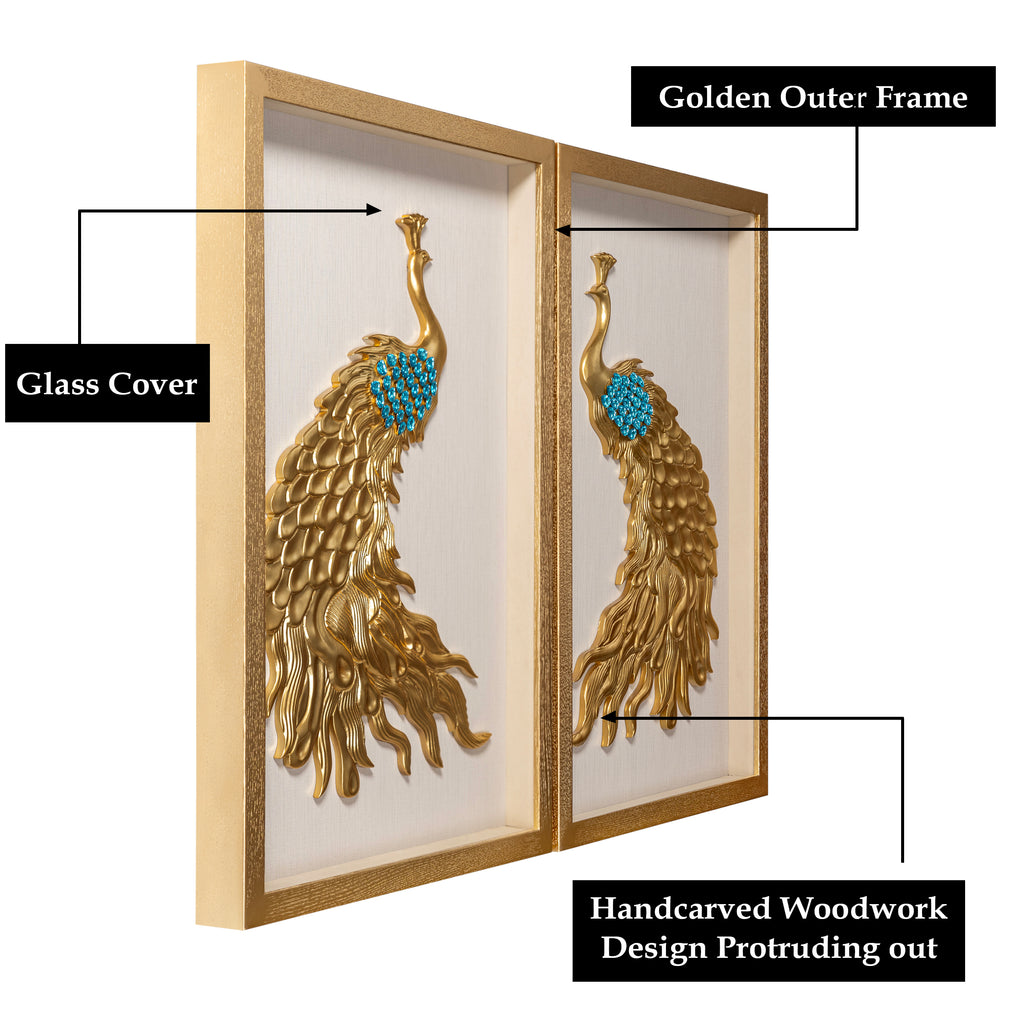 Royal Golden Peacock Shadow Box for Wall Decoration - Set of 2
