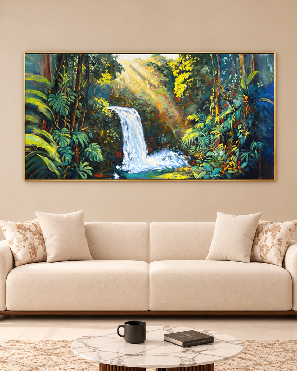 Rainforest Waterfall 100% Hand Painted Wall Painting (With Golden Outer Floater Frame frame) (27.5x55 Inches)